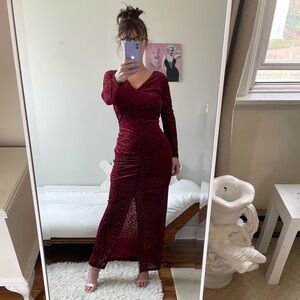 VINTAGE LONG SLEEVE GARNET RUBY RED BURNOUT DRESS RUCHING FRONT SLIT RHINESTONES